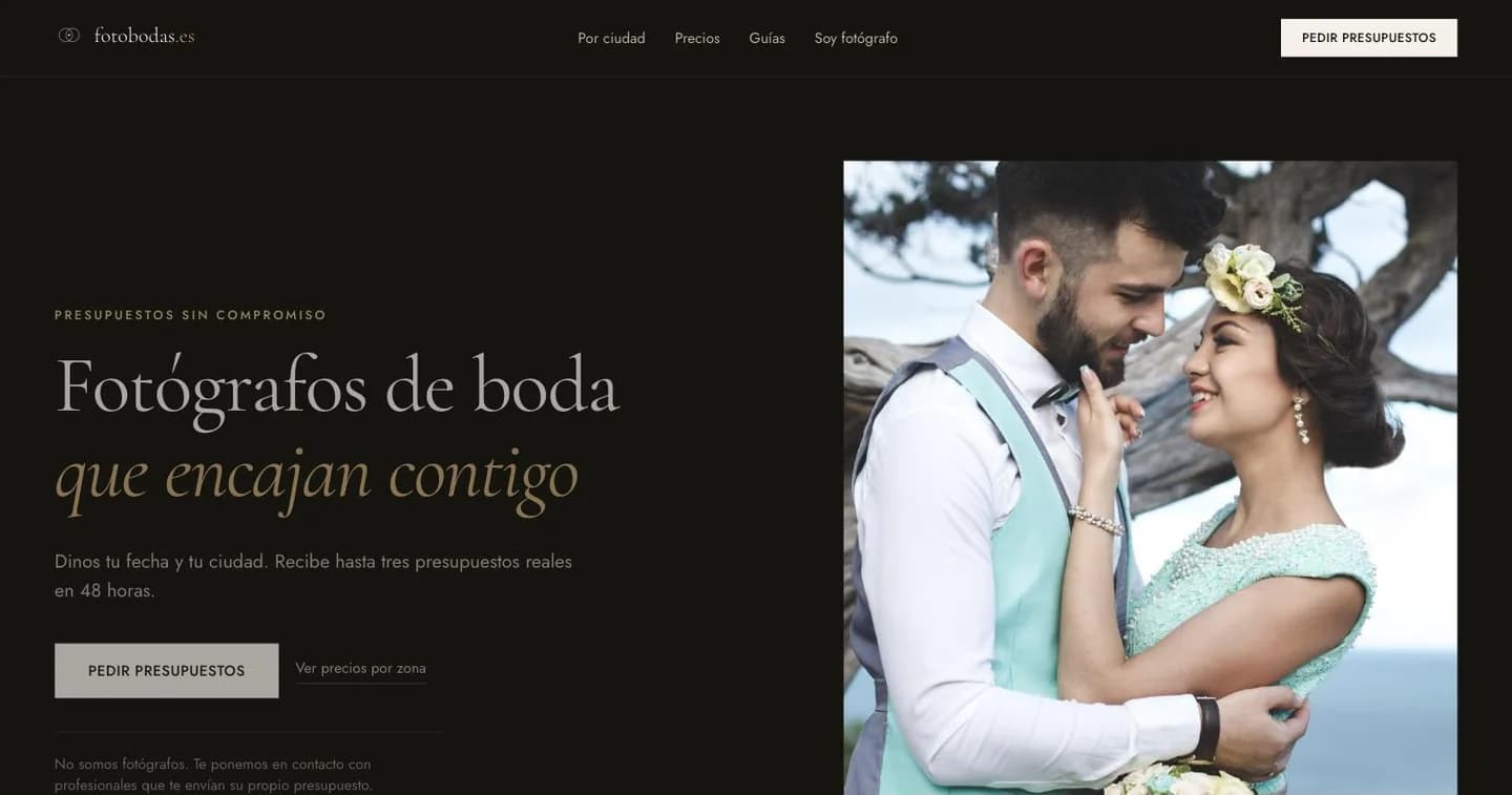 Portada de fotobodas.es con el titular Fotógrafos de boda que encajan contigo