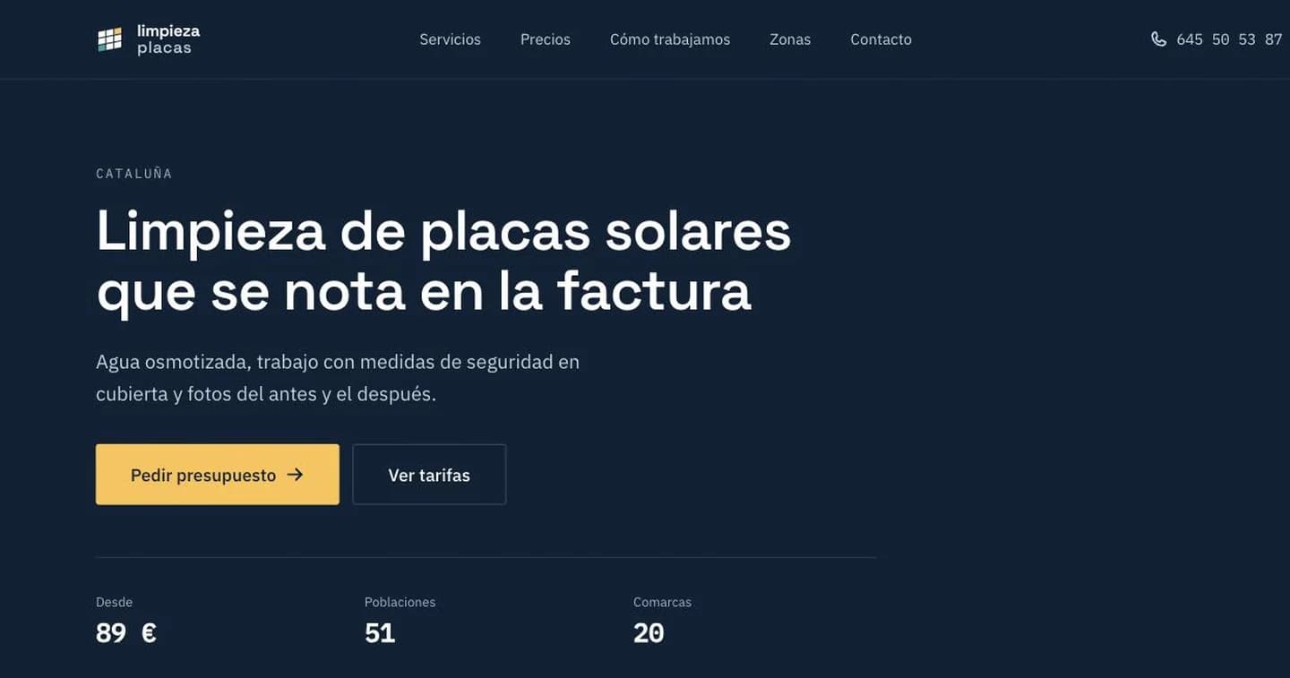 Portada de limpiezaplacas.es con el titular Limpieza de placas solares que se nota en la factura